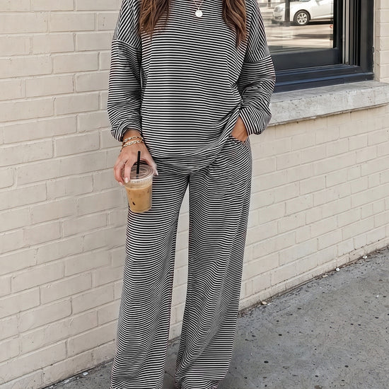 Striped Long Sleeve Top With Wide Leg Pants Set - Fisoew