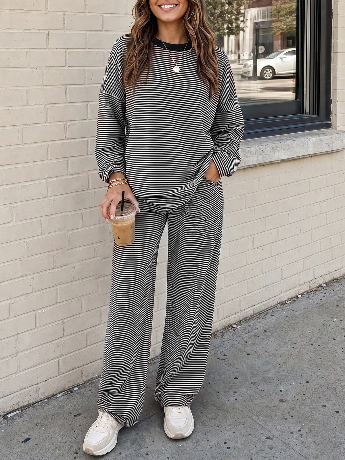 Striped Long Sleeve Top With Wide Leg Pants Set - Fisoew