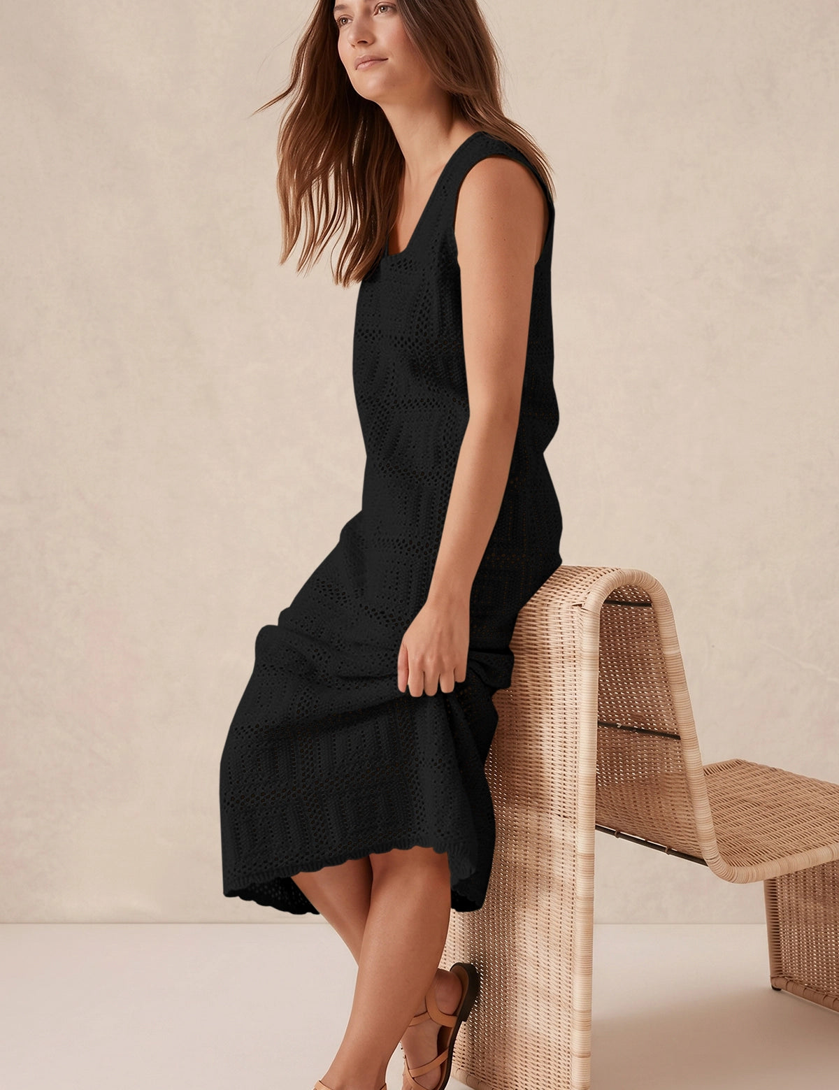 Fisoew Women's Black Boho Knit Sleeveless Dress - Fisoew