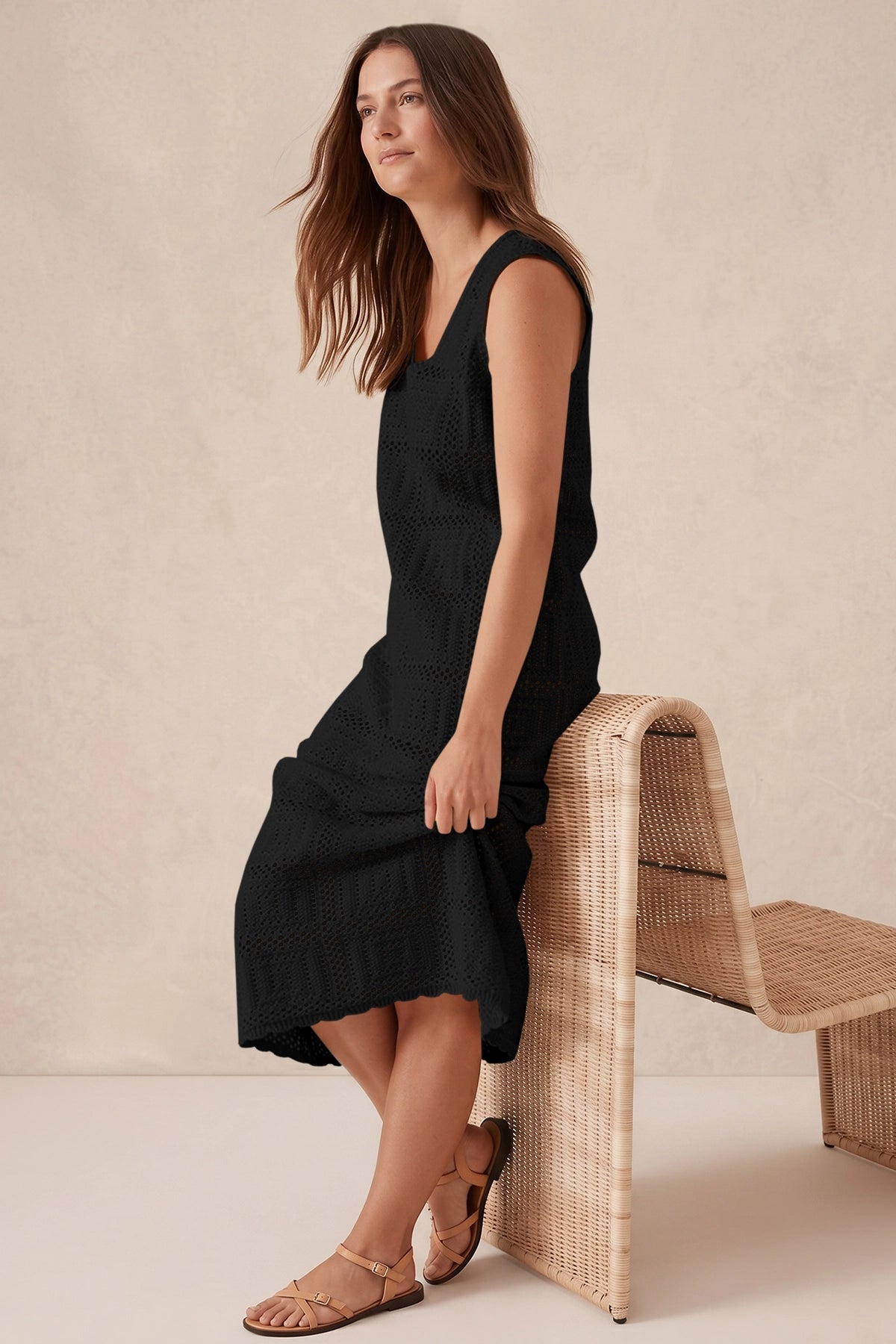 Fisoew Women's Black Boho Knit Sleeveless Dress - Fisoew