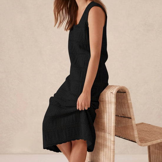 Fisoew Women's Black Boho Knit Sleeveless Dress - Fisoew