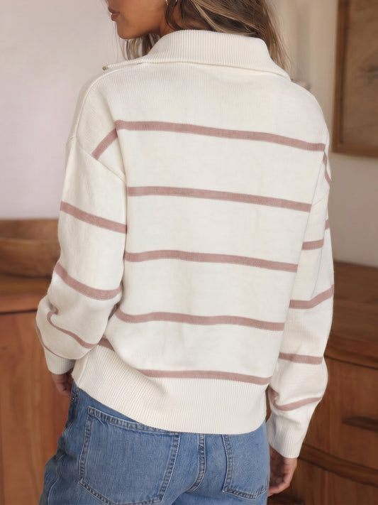 Zip Striped Oversized Turtleneck Pullover Top - Fisoew