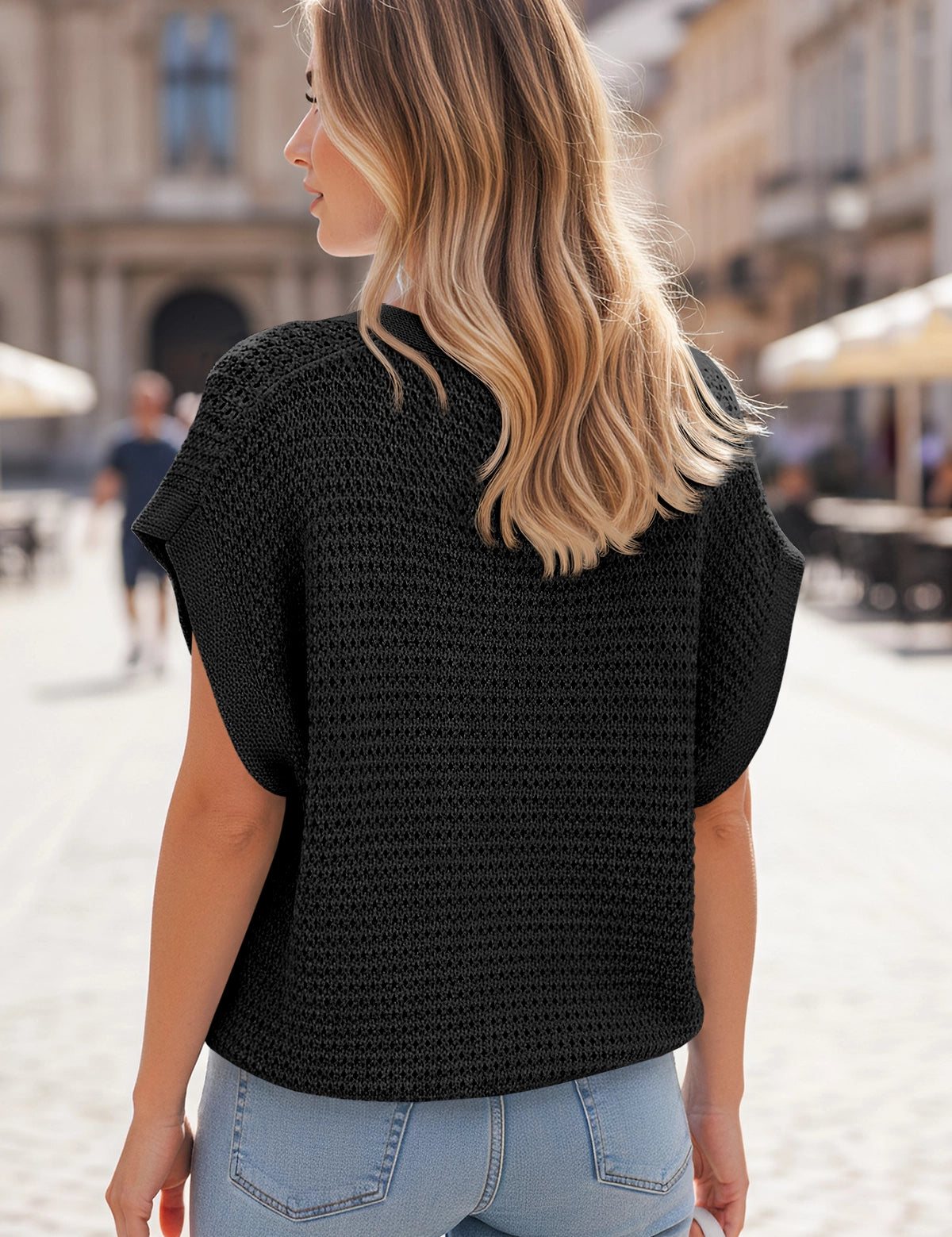 Fisoew Women's Black Short Sleeve Crochet Cardigans Sweater Cover Ups - Fisoew