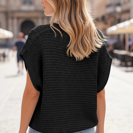 Fisoew Women's Black Short Sleeve Crochet Cardigans Sweater Cover Ups - Fisoew