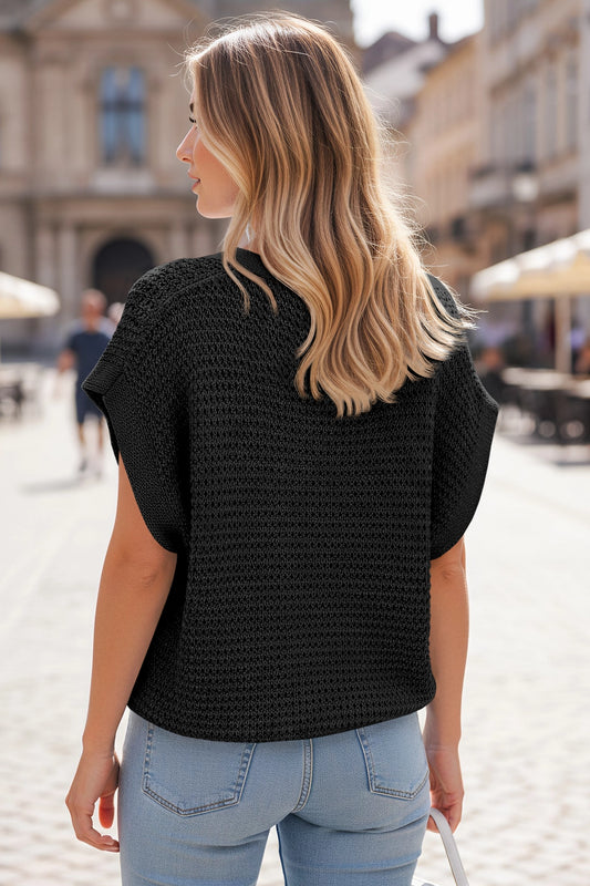 Fisoew Women's Black Short Sleeve Crochet Cardigans Sweater Cover Ups - Fisoew