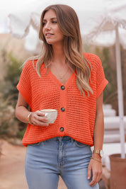 Fisoew Women's Orange Short Sleeve Crochet Cardigans Sweater Cover Ups - Fisoew