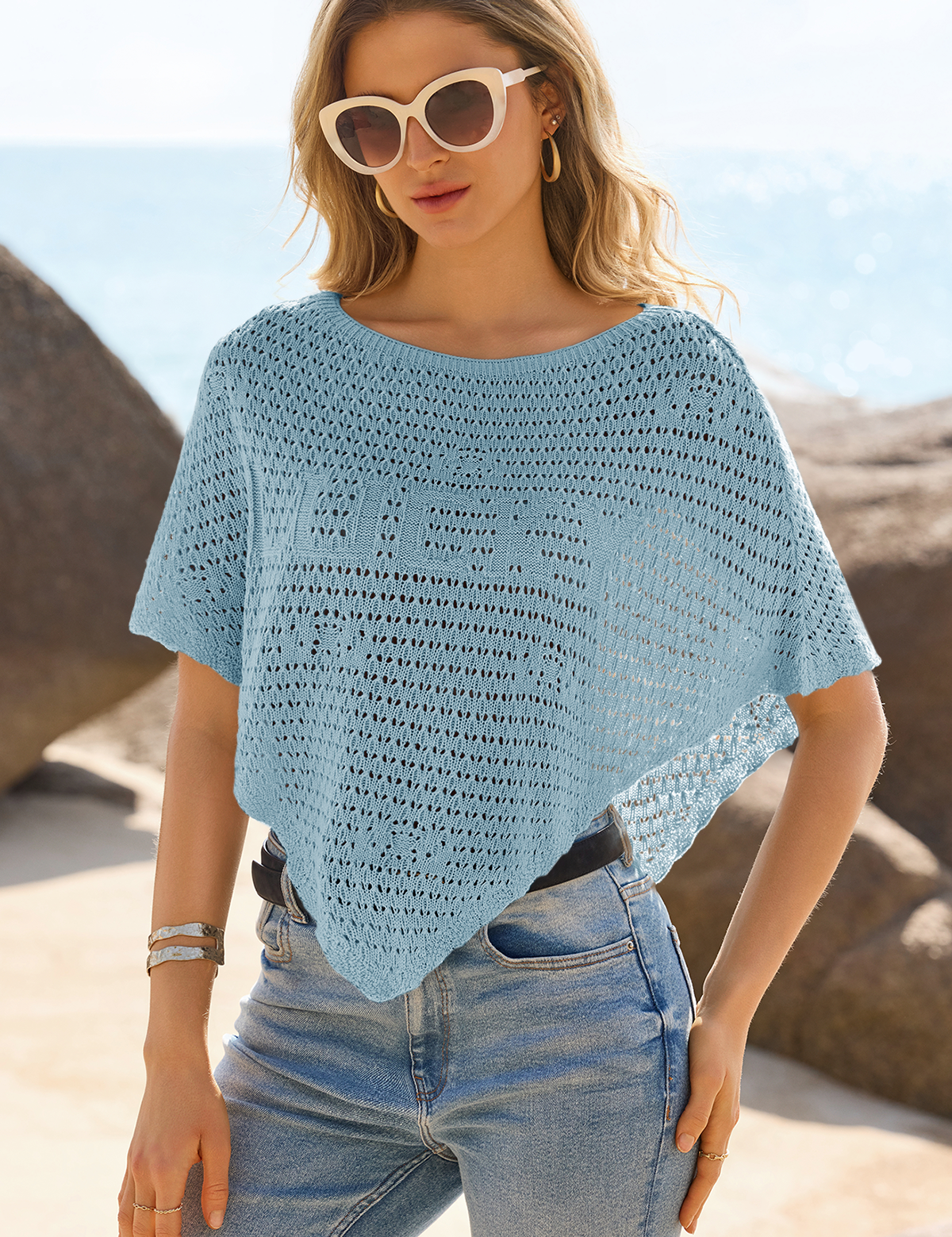 Fisoew Women's Sky Blue Sheer Shawl Boho Crochet Cover Ups - Fisoew