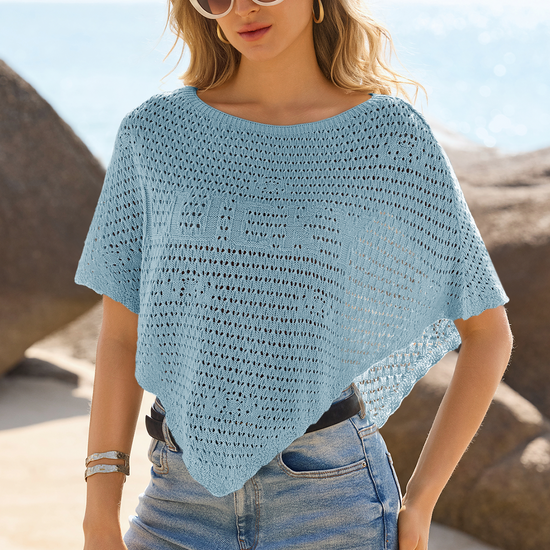 Fisoew Women's Sky Blue Sheer Shawl Boho Crochet Cover Ups - Fisoew