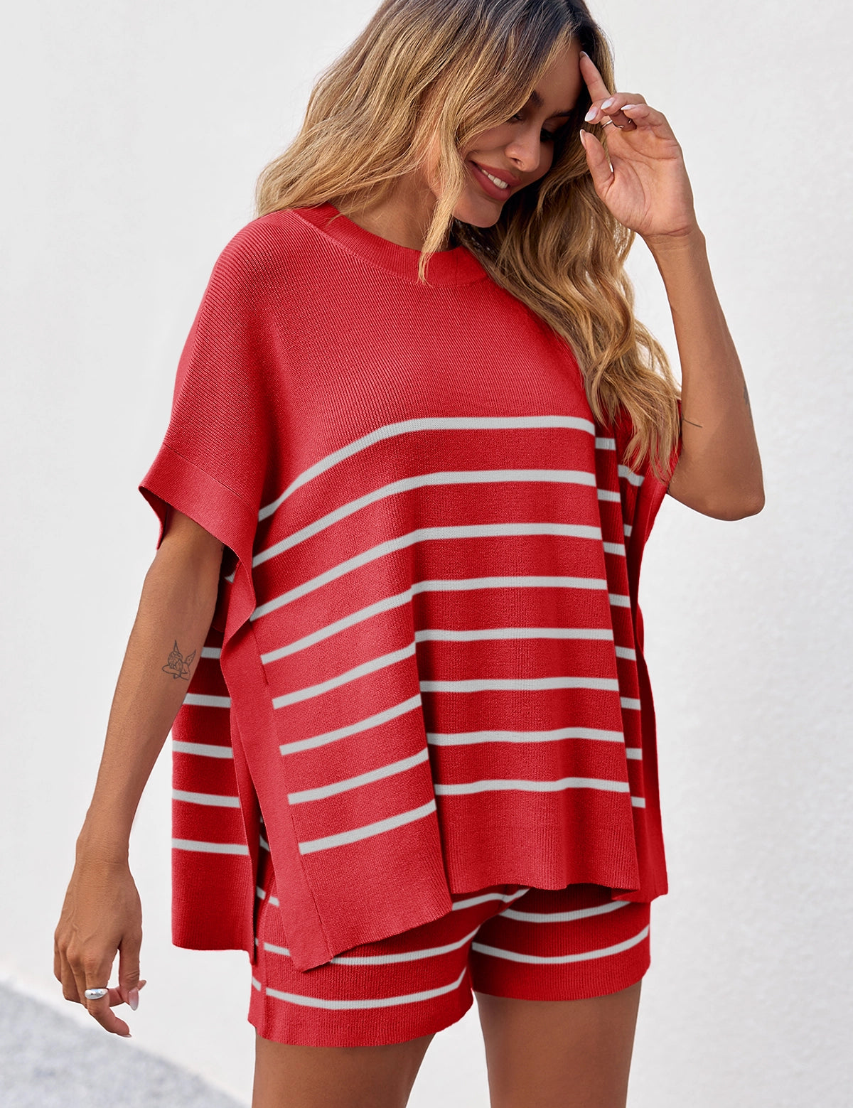 Fisoew Women's Red Striped Oversized Lounge Short Sets - Fisoew