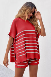 Fisoew Women's Red Striped Oversized Lounge Short Sets - Fisoew