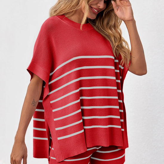 Fisoew Women's Red Striped Oversized Lounge Short Sets - Fisoew