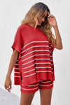 Fisoew Women's Red Striped Oversized Lounge Short Sets - Fisoew
