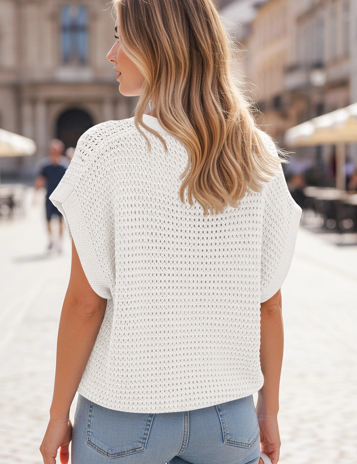 Fisoew Women's White Short Sleeve Crochet Cardigans Sweater Cover Ups - Fisoew