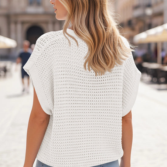 Fisoew Women's White Short Sleeve Crochet Cardigans Sweater Cover Ups - Fisoew