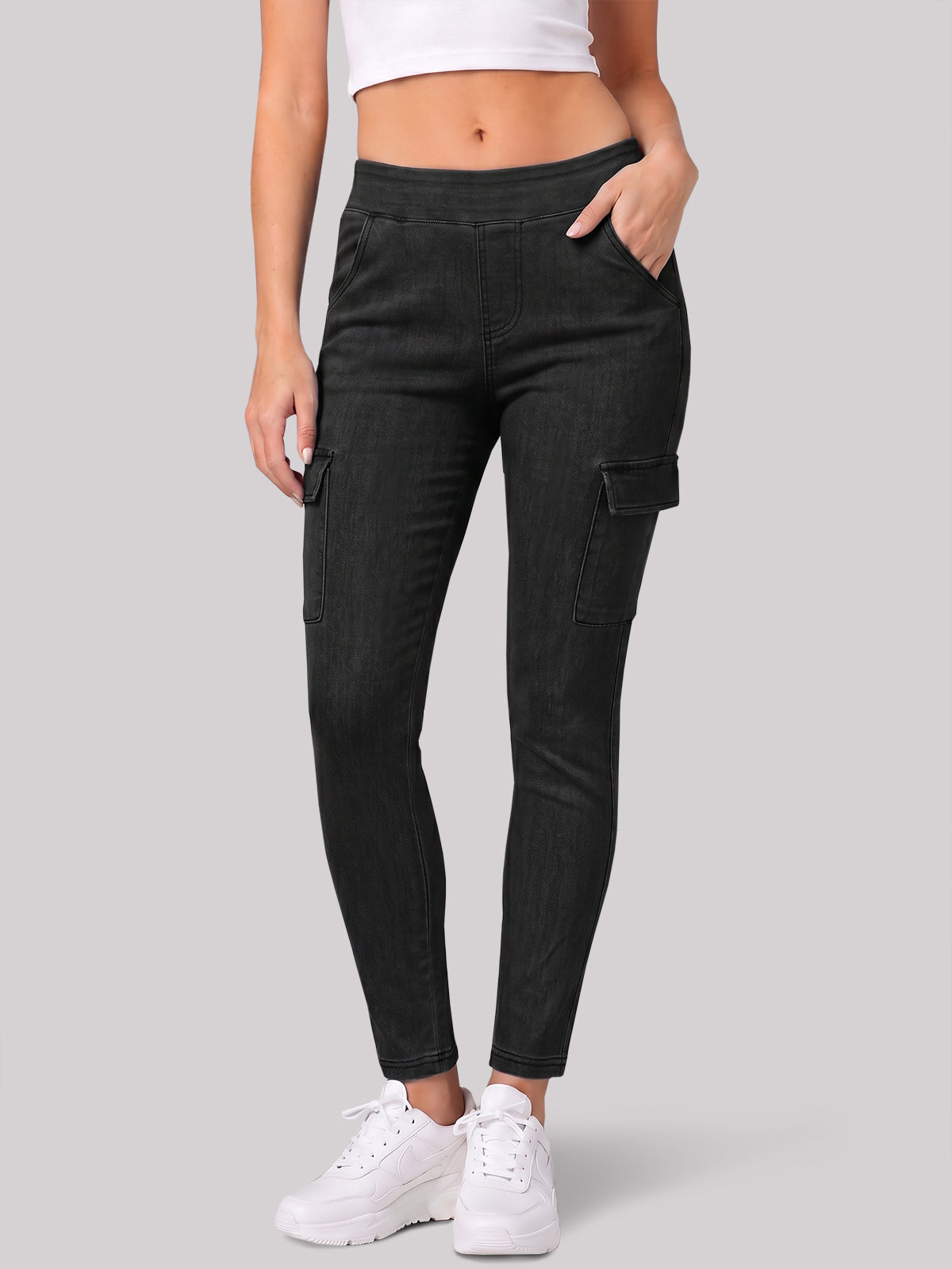 High Waisted Skinny Cargo Jeans - Fisoew