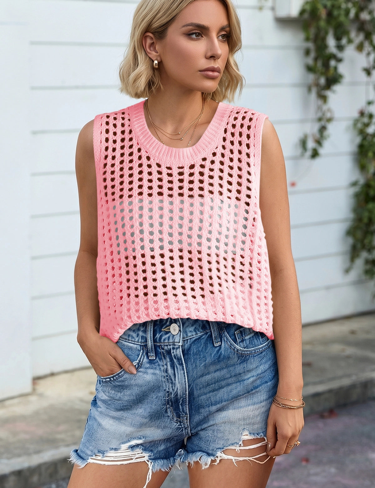 Fisoew Women's Pink Scoop Neck Crochet Boho Cover Ups - Fisoew