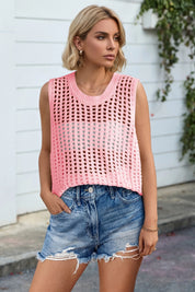 Fisoew Women's Pink Scoop Neck Crochet Boho Cover Ups - Fisoew