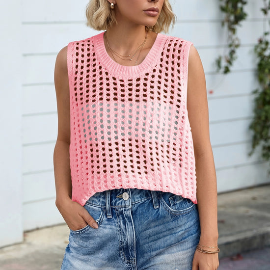 Fisoew Women's Pink Scoop Neck Crochet Boho Cover Ups - Fisoew