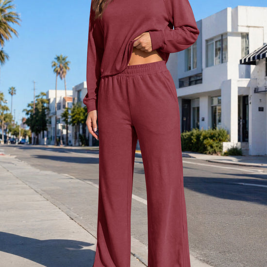 Off-Shoulder Crop Top With Wide-Leg Pants Set - Fisoew