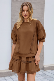 Womens Brown Lace Trim Puff Sleeve Two Piece Skirt Set Fisoew - Fisoew