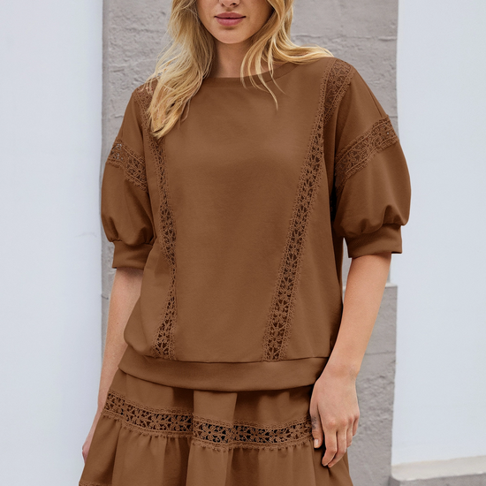 Womens Brown Lace Trim Puff Sleeve Two Piece Skirt Set Fisoew - Fisoew