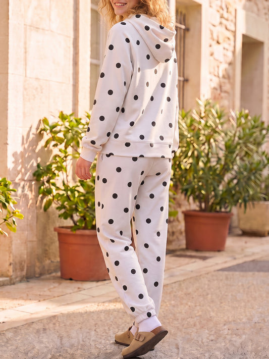 Polka Dot Long Sleeve Hooded With Jogger Pants Sets - Fisoew