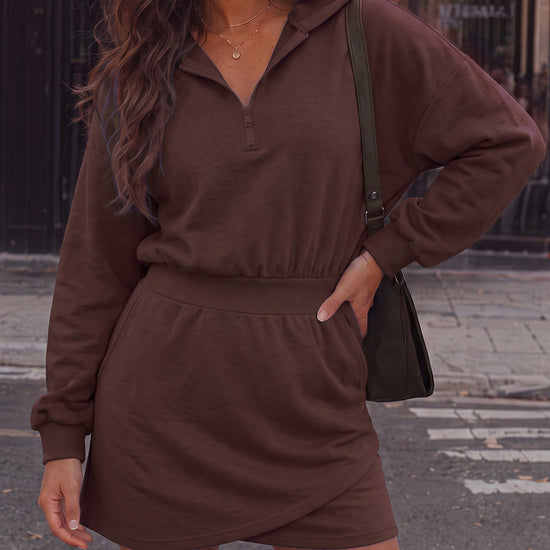 Hoodies Half Zip Elastic Waist Mini Dresses - Fisoew