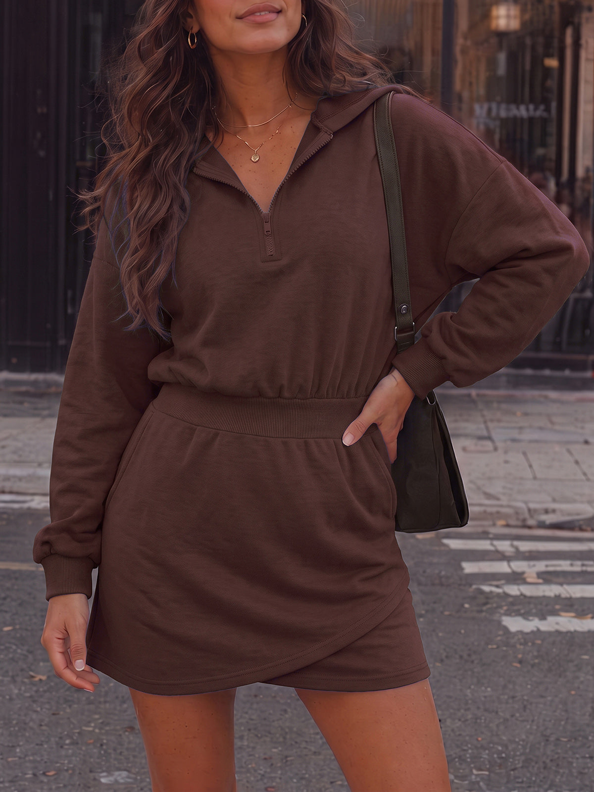 Hoodies Half Zip Elastic Waist Mini Dresses - Fisoew
