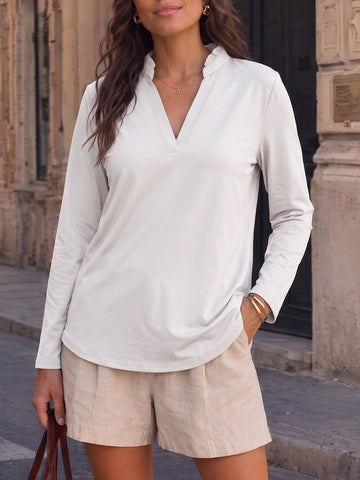Ruffle V Neck Long Sleeve Shirts