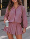 Stripe Zipper Jacket With Pleated Skirt Sets - Fisoew