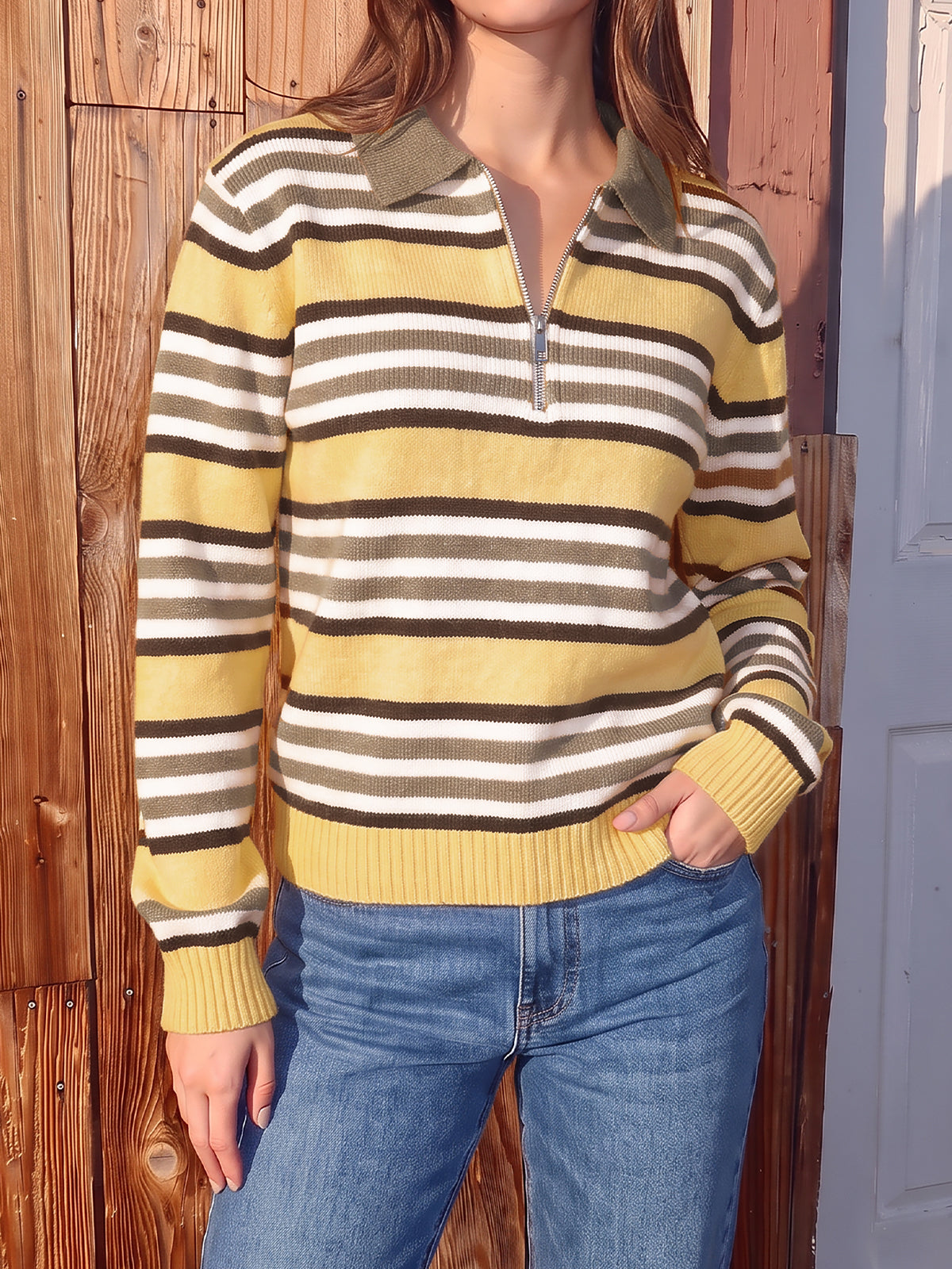 Quarter Zip Striped Long Sleeve Pullover - Fisoew