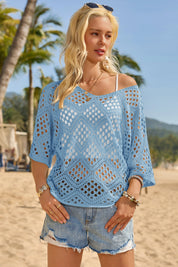 Womens Blue Summer Short Sleeve Crochet Swimsuit Fisoew - Fisoew