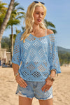 Womens Blue Summer Short Sleeve Crochet Swimsuit Fisoew - Fisoew