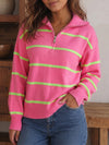 Zip Striped Oversized Turtleneck Pullover Top