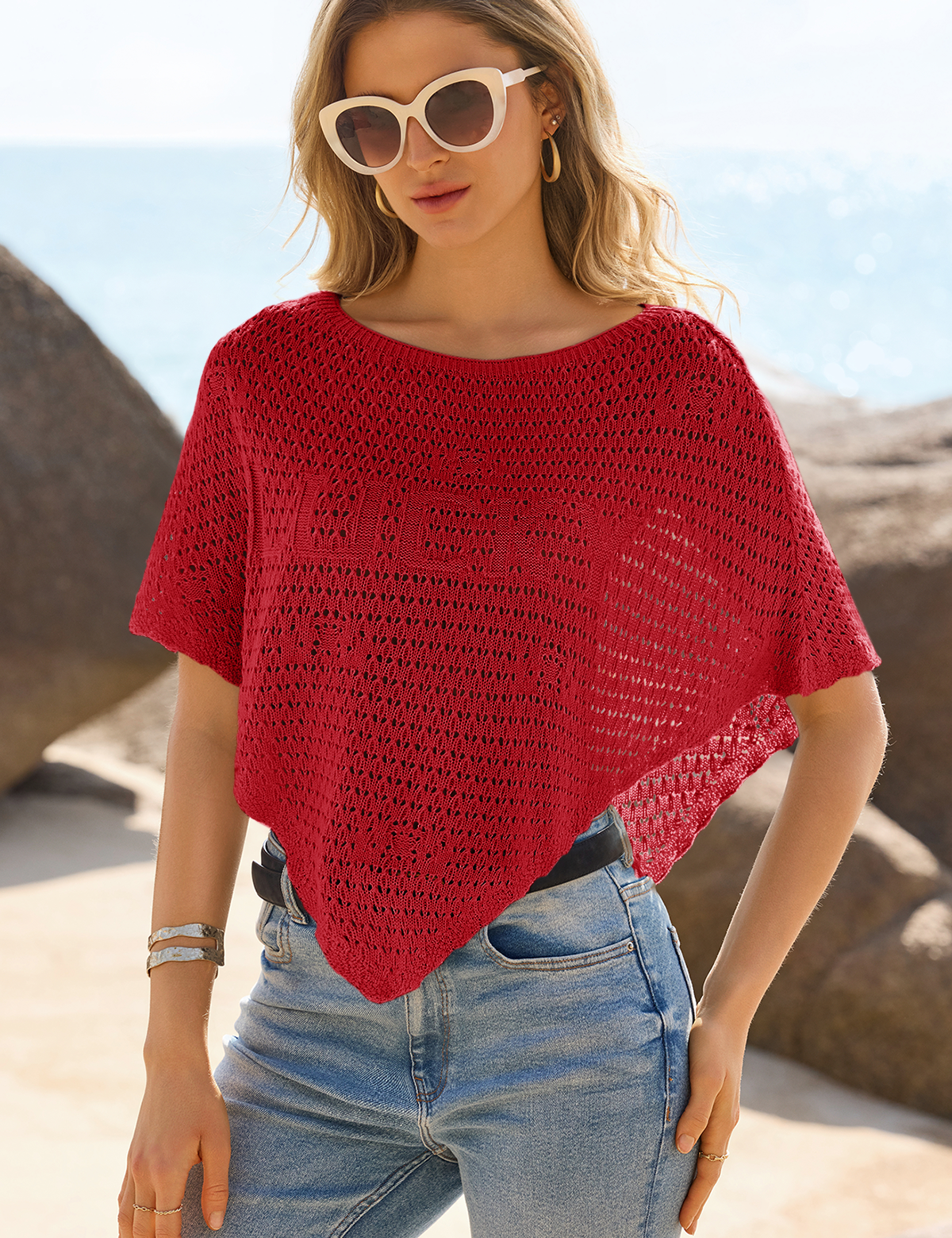 Fisoew Women's Red Sheer Shawl Boho Crochet Cover Ups - Fisoew