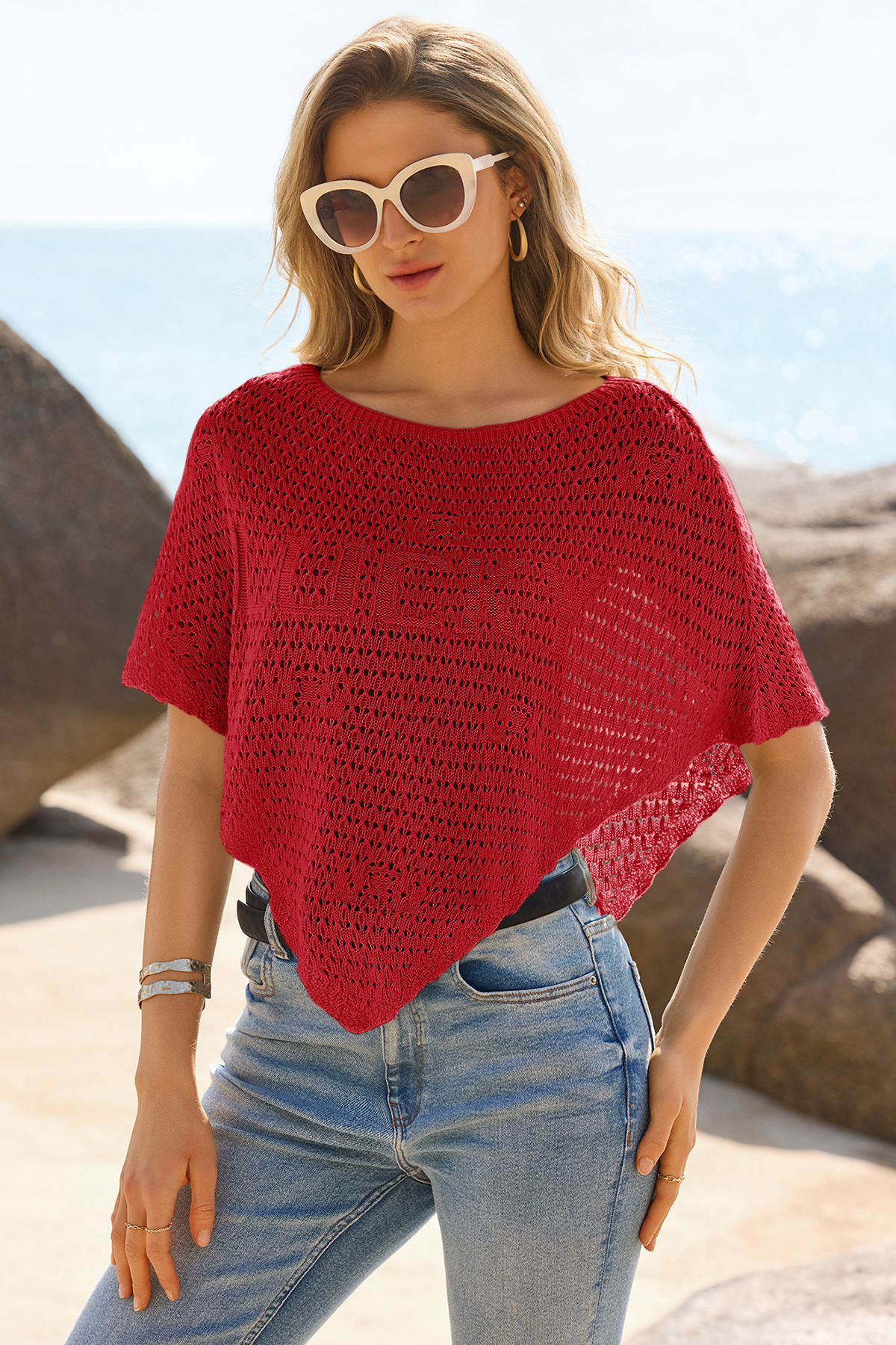 Fisoew Women's Red Sheer Shawl Boho Crochet Cover Ups - Fisoew