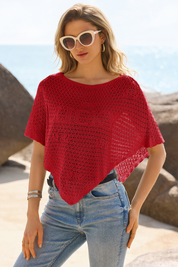 Fisoew Women's Red Sheer Shawl Boho Crochet Cover Ups - Fisoew