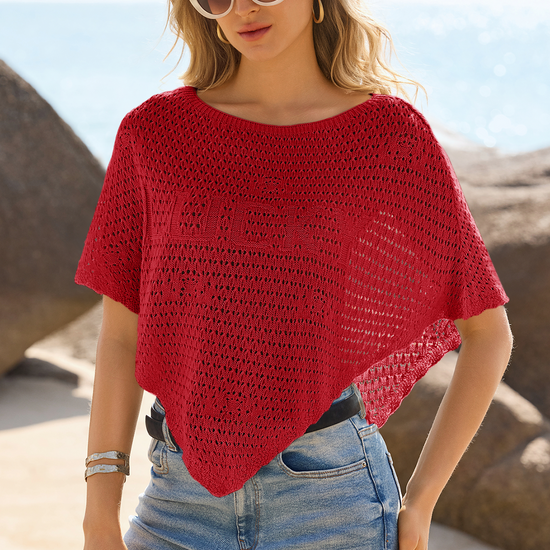 Fisoew Women's Red Sheer Shawl Boho Crochet Cover Ups - Fisoew