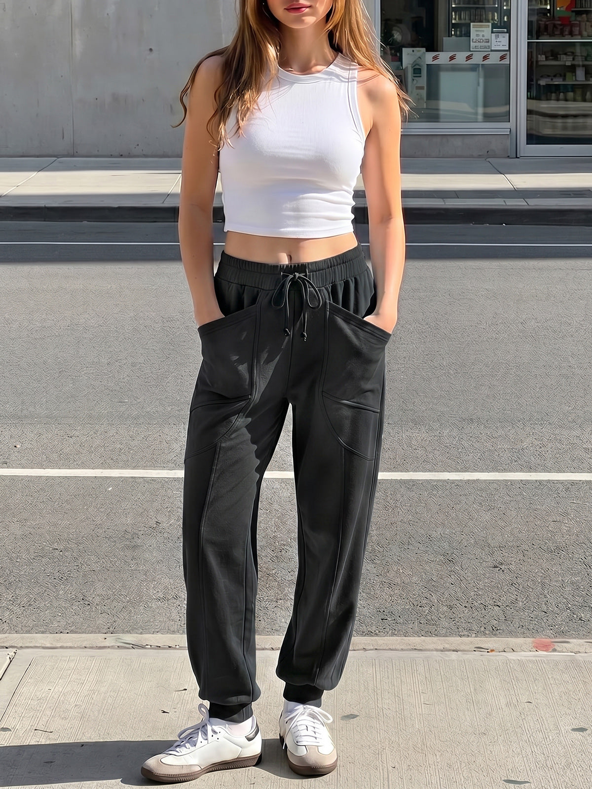 Drawstring Waist Elastic Cuff Joggers - Fisoew