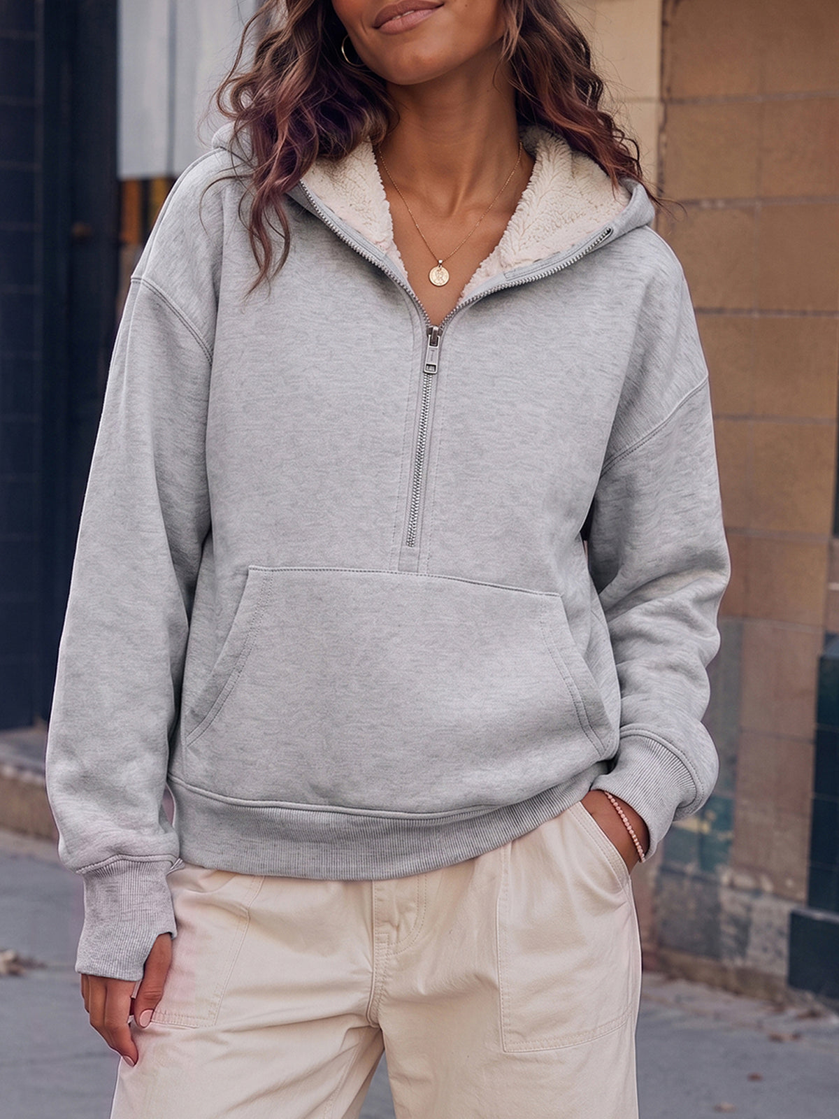 Hoodies Half Zip Fuzzy Fleece Sweatshirts - Fisoew