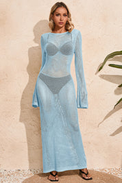 Fisoew Women's Blue Crochet  Long Sleeve Sexy Swimsuit Maxi Dress - Fisoew