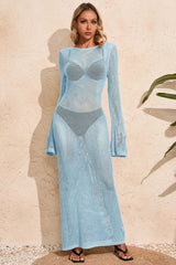 Fisoew Women's Blue Crochet  Long Sleeve Sexy Swimsuit Maxi Dress