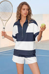 Womens Navy 2 Piece Outfits Striped Sets Fisoew - Fisoew