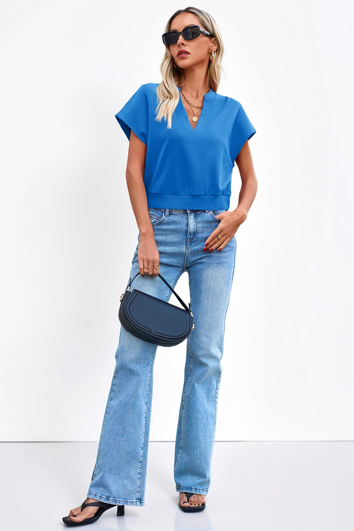Fisoew Women's Royal Blue V Neck Cap Sleeve Casual Loose Fit T Shirts - Fisoew