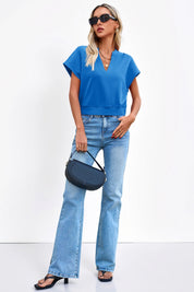 Fisoew Women's Royal Blue V Neck Cap Sleeve Casual Loose Fit T Shirts - Fisoew