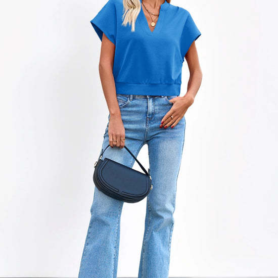 Fisoew Women's Royal Blue V Neck Cap Sleeve Casual Loose Fit T Shirts - Fisoew