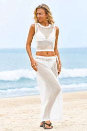Fisoew Women's White 2 Piece Sleeveless Crochet Swim Cover Ups - Fisoew
