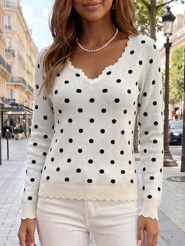 Polka Dot Slim Fit Knit Long Sleeve Tops