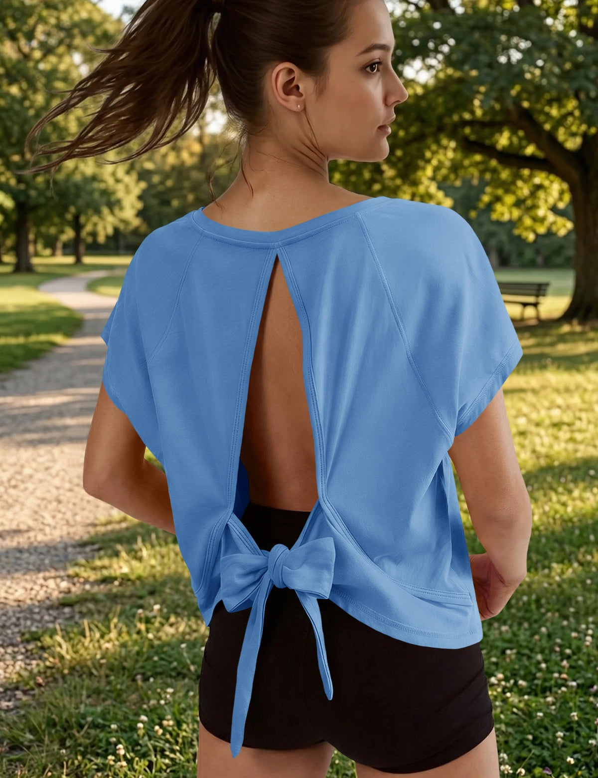 Fisoew Women's Blue Open Back Tie Workout Crop  Breathable T-shirt - Fisoew