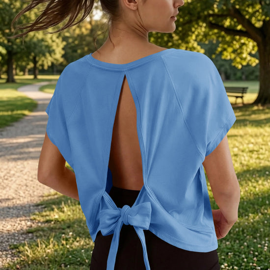 Fisoew Women's Blue Open Back Tie Workout Crop  Breathable T-shirt - Fisoew